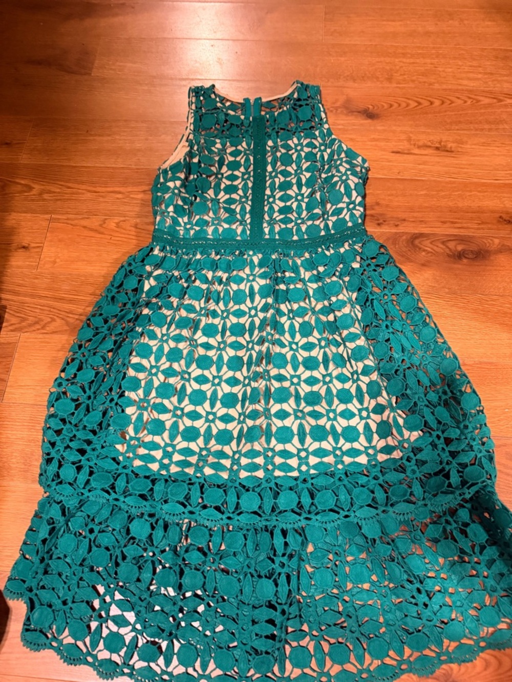 Women Teal Lace Overlay Fit-and-Flare Dress